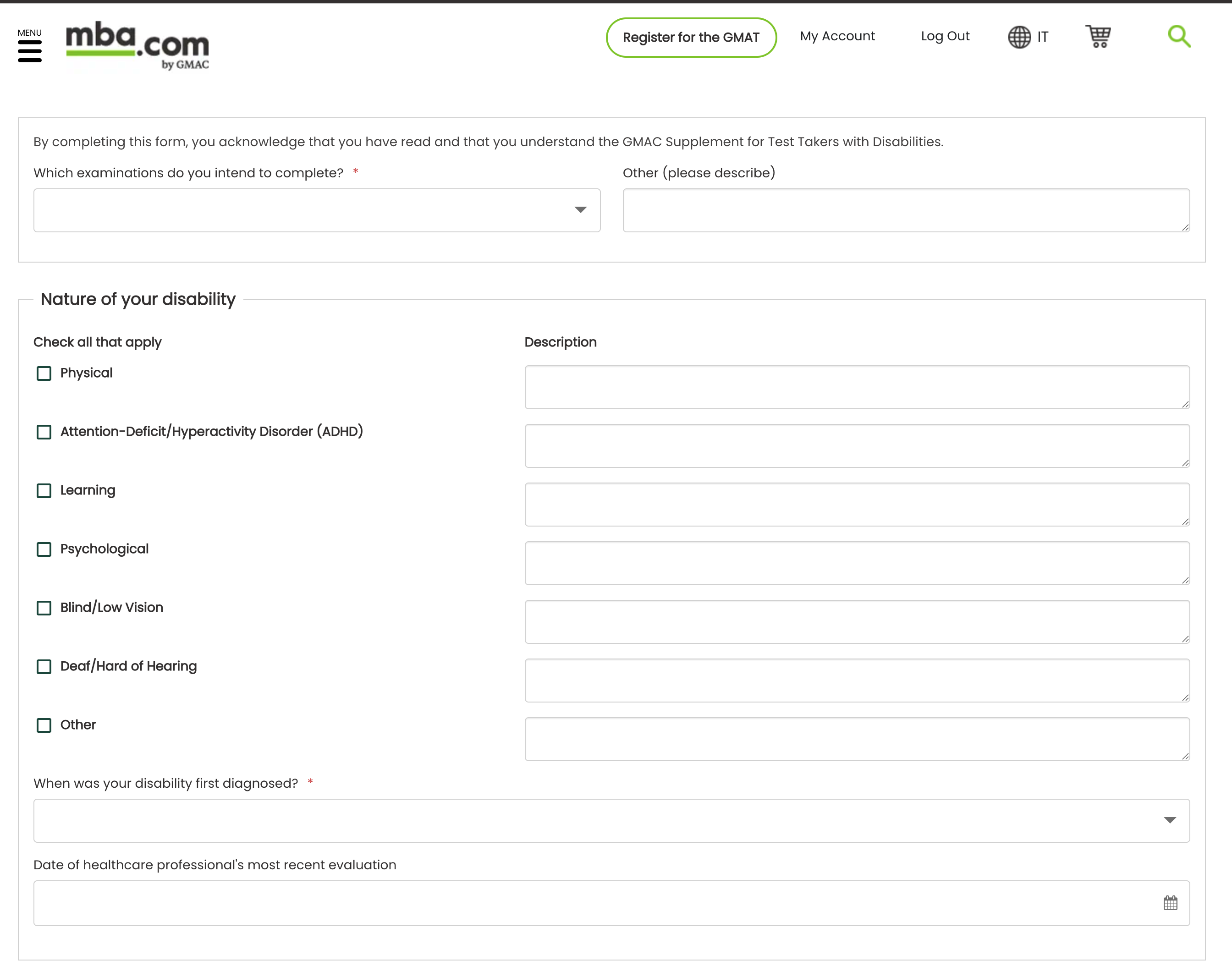 GMAC accommodation form: examination selection, disability checkboxes, and diagnosis dates