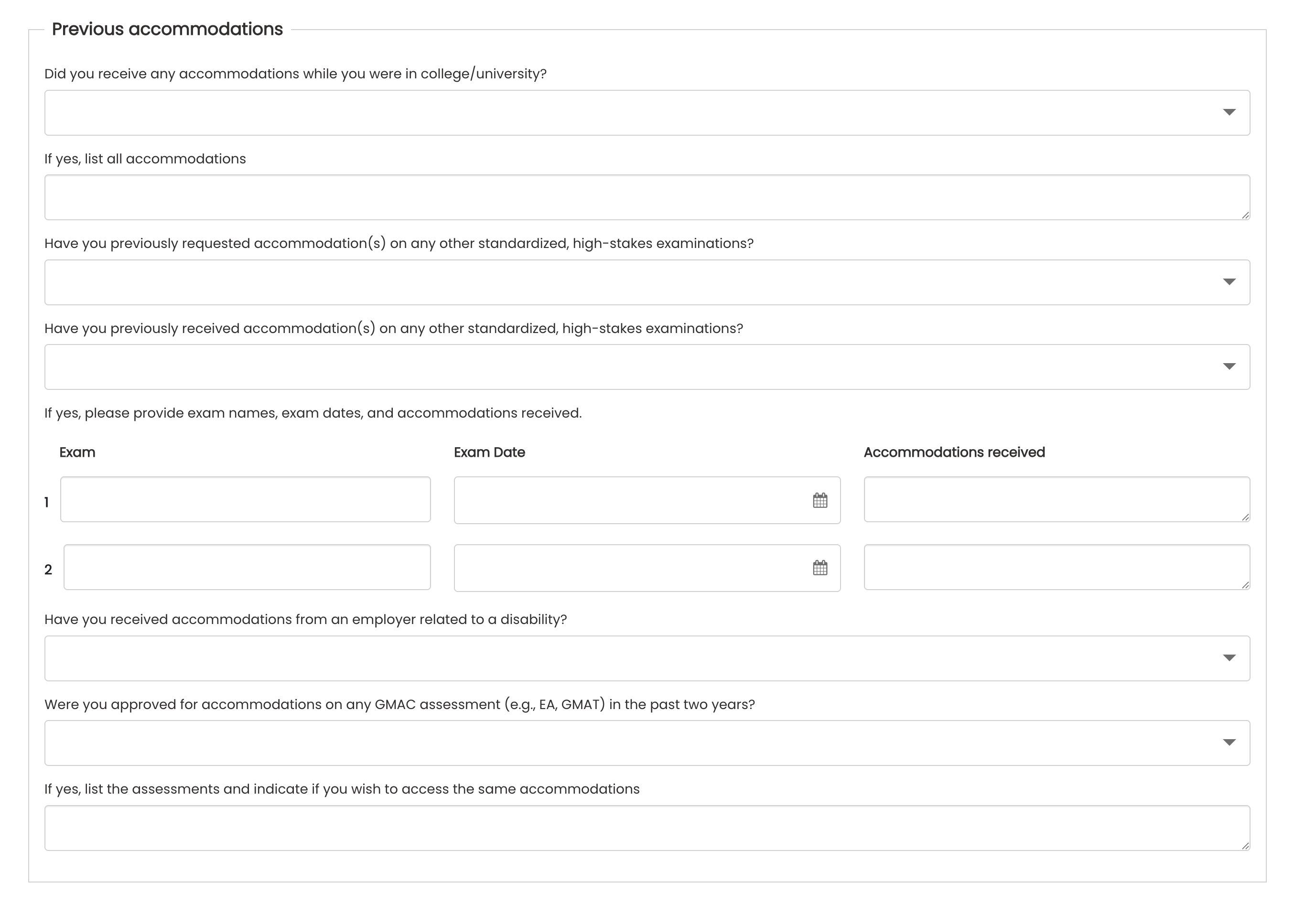 GMAC accommodation form: prior college, standardized test, employer, and GMAC accommodation history