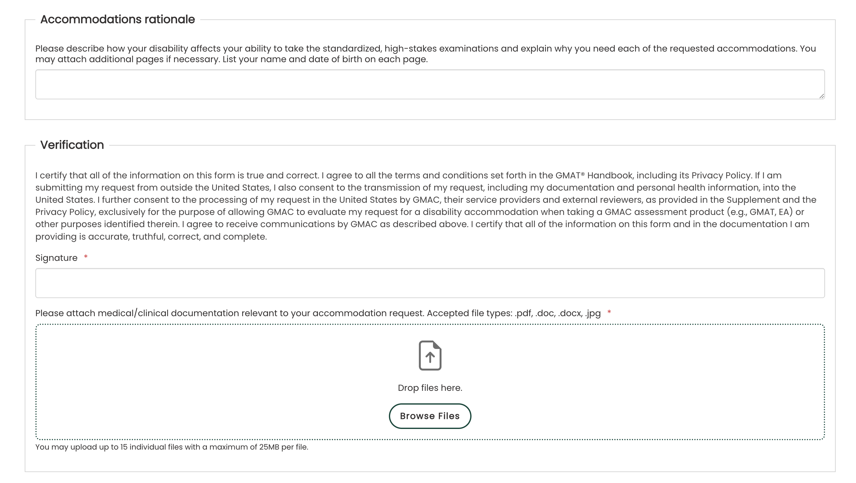GMAC accommodation form: Accommodations rationale text box, signature, and document upload