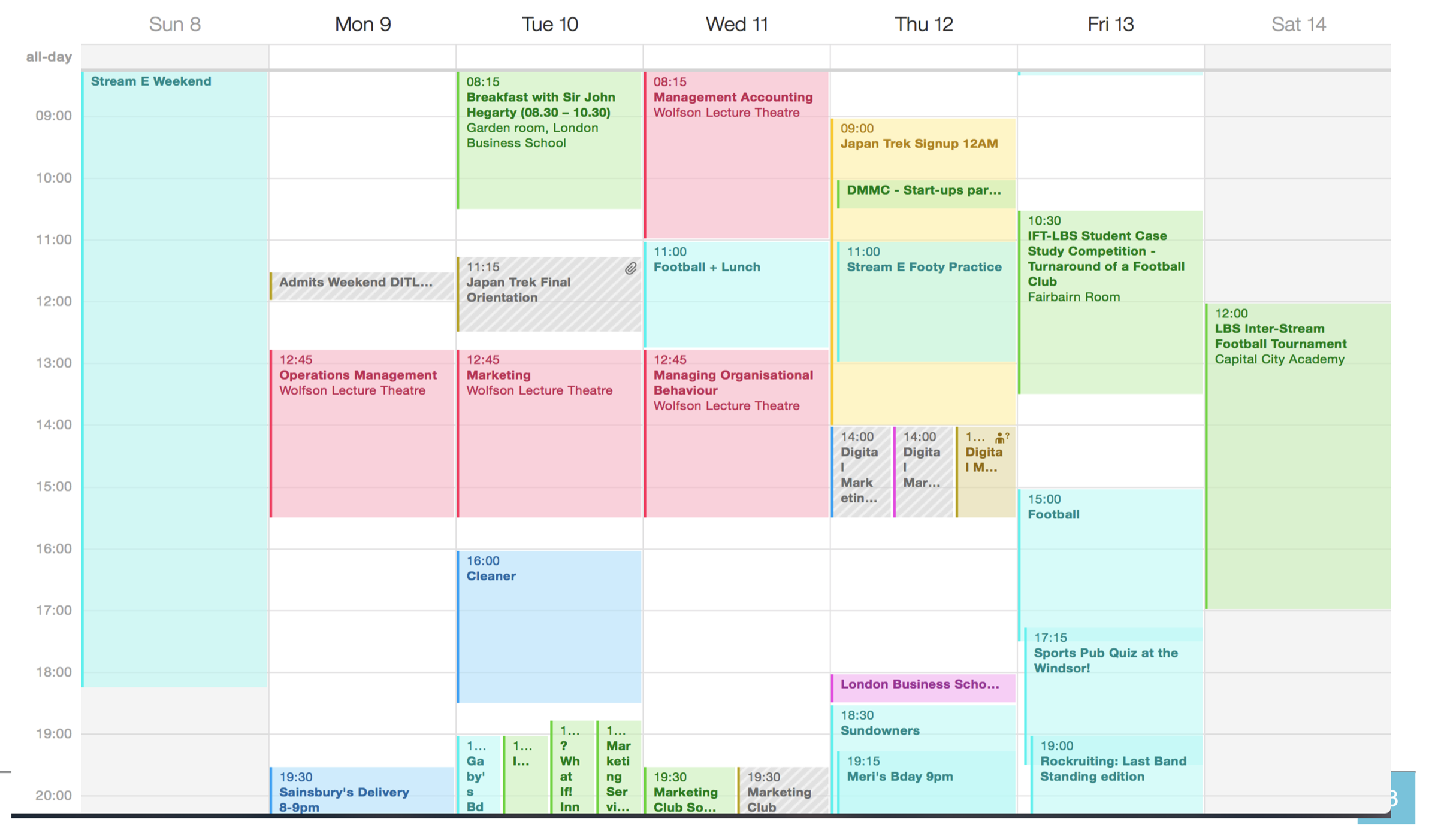 A sample MBA calendar showing six club kickoff events and networking dinners all scheduled at 18:30–19:30 on the same evening