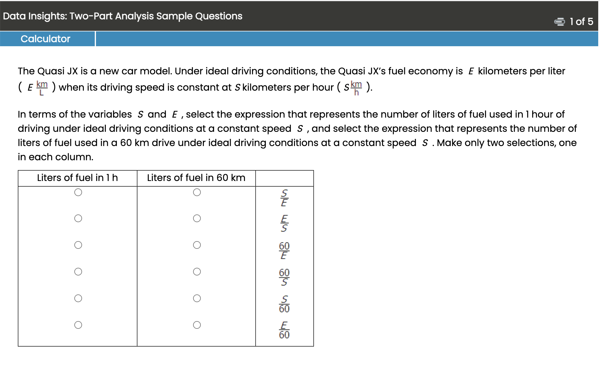 Official GMAT Two-Part Analysis question example