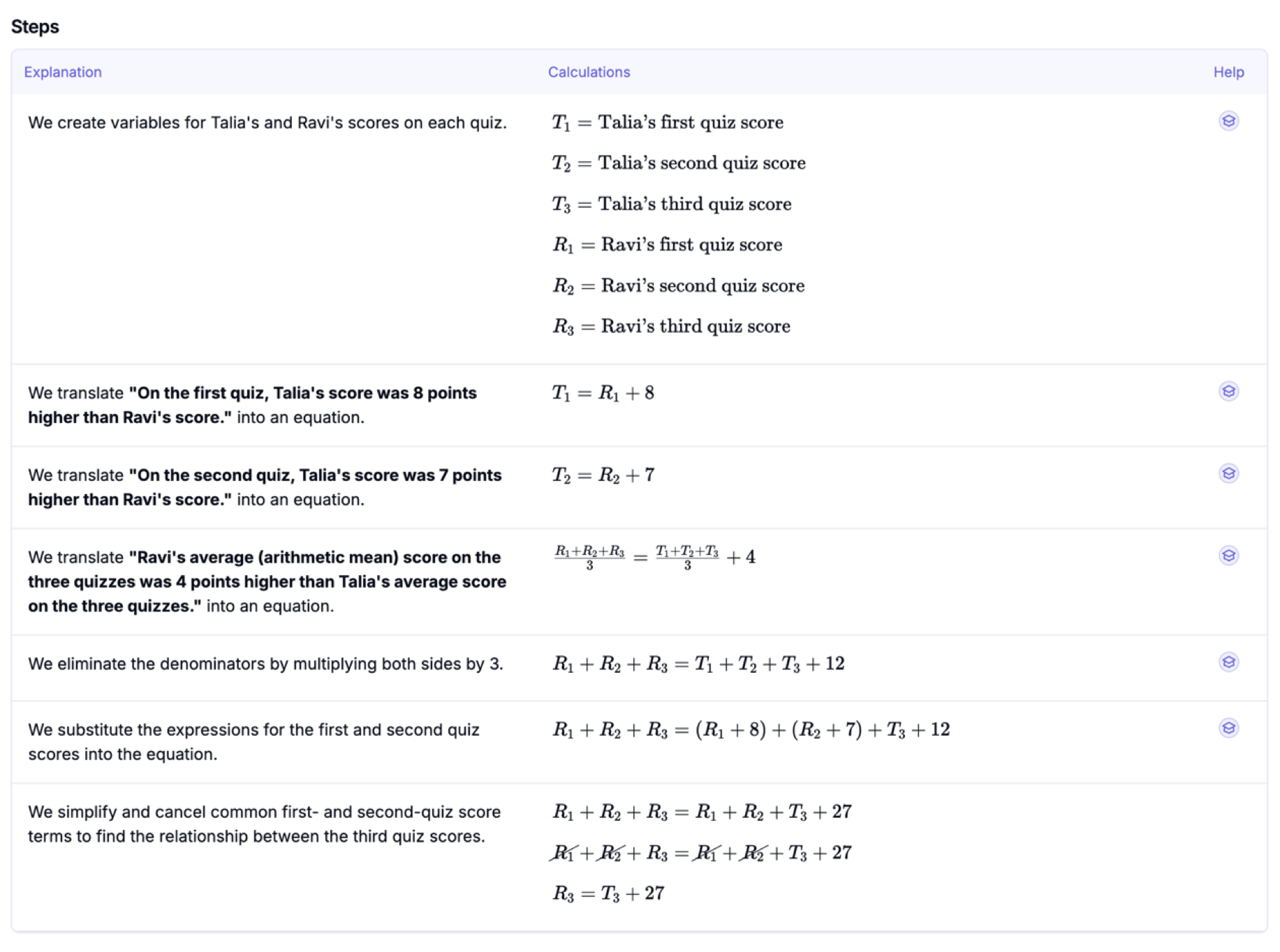 Table showing a GMAT quant question broken into steps, with the explanation of each step next to its calculation