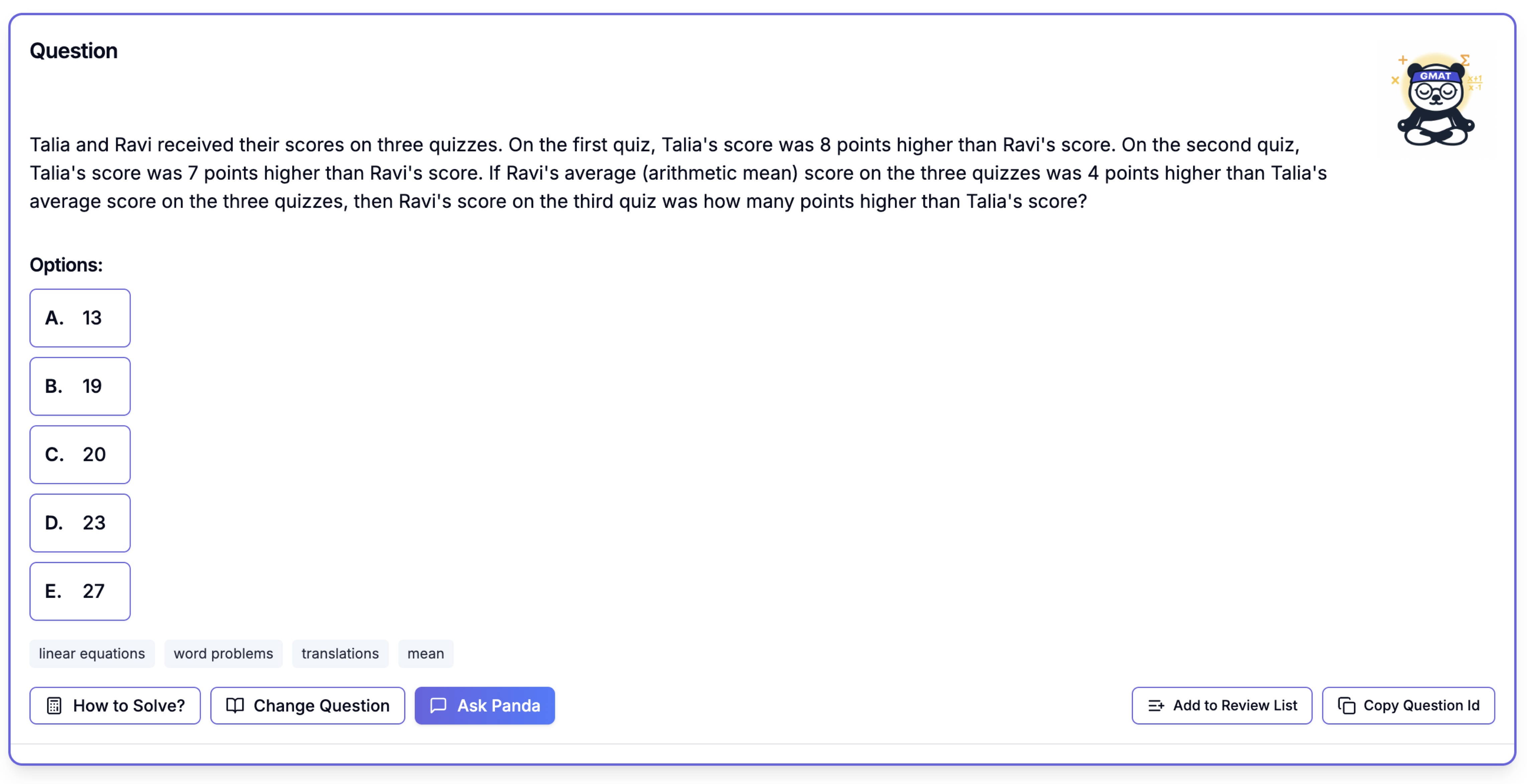 GMAT Panda question card showing a practice question about Talia and Ravi's quiz scores, with five answer choices