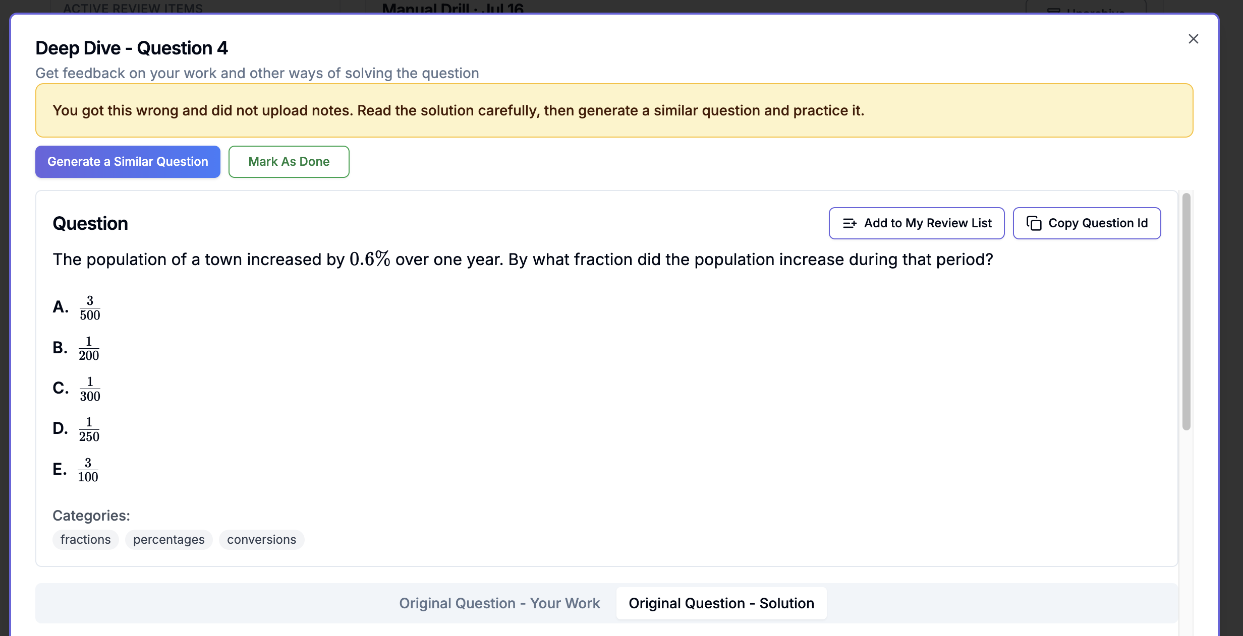 GMAT Panda Deep Dive dialog with a 'Generate a Similar Question' button, prompting the user to practice a new question after getting one wrong