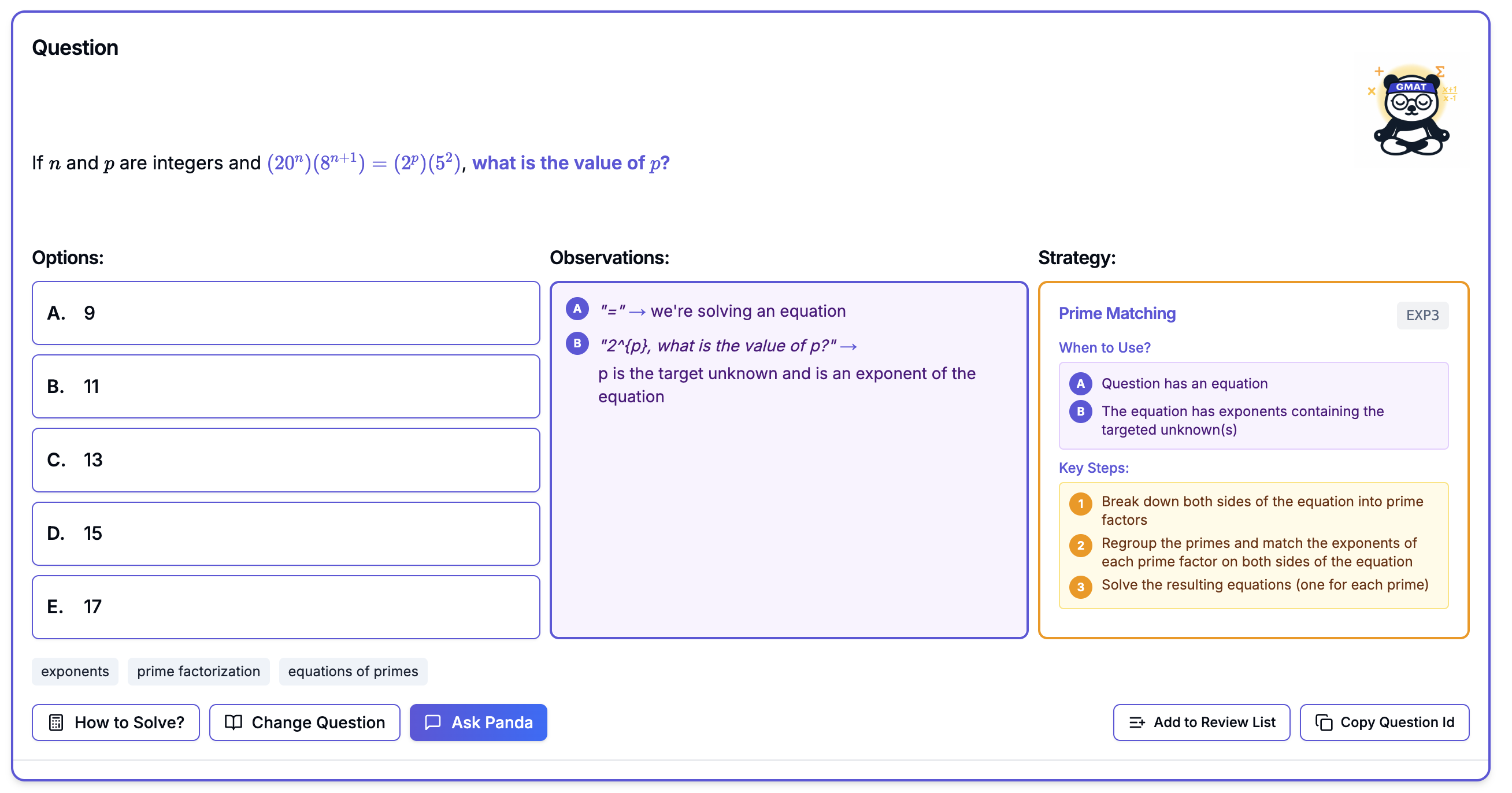 A GMAT Panda strategy card, Prime Matching, showing when to use it and its key steps, reused across different questions
