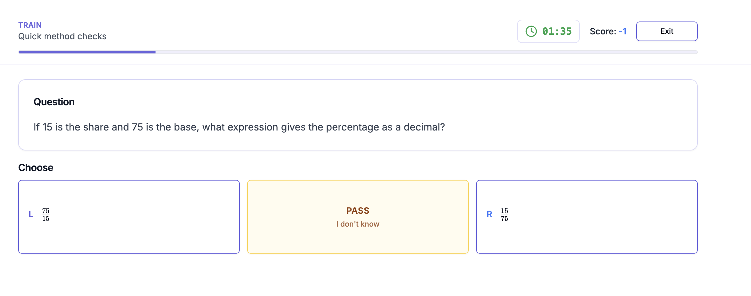 GMAT Panda Train mode, quickly checking whether the user recognizes the right method for a question