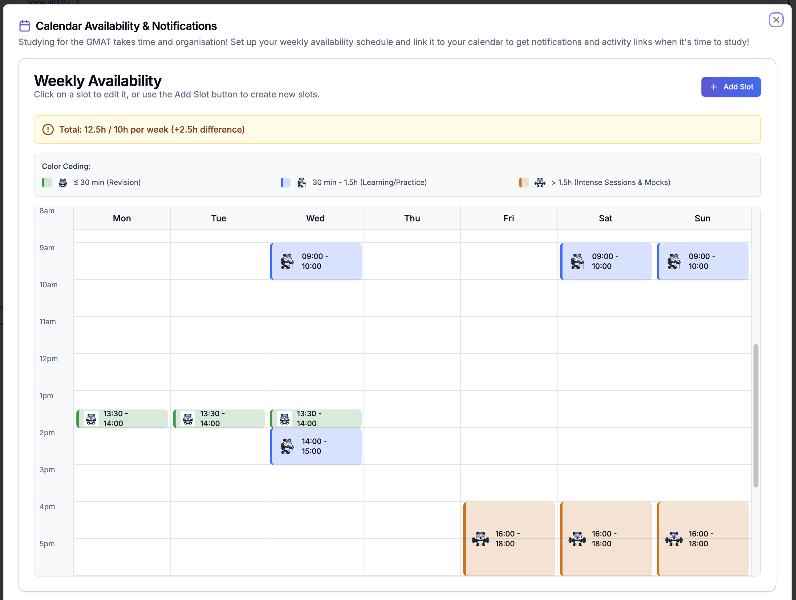 GMAT Panda Calendar Availability and Notifications dialog, showing a weekly availability schedule synced to a calendar app