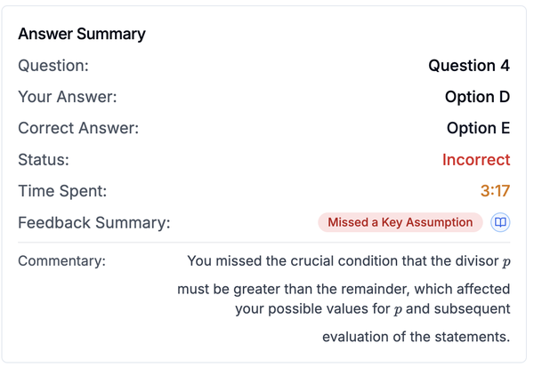 GMAT Panda drill feedback showing a missed key assumption category