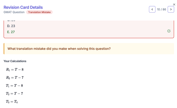 Revision card in GMAT Panda showing a GMAT mistake pattern
